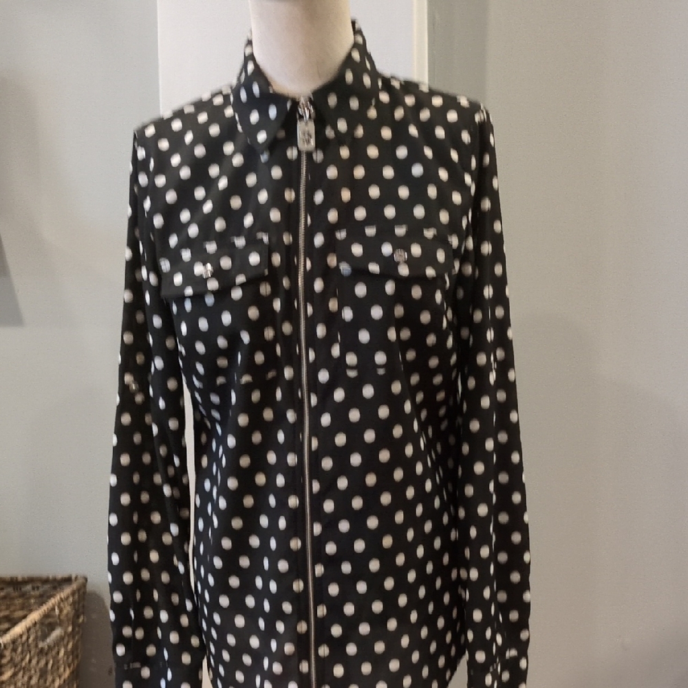 Michael Kors Black and White Polka Dot Zip up Shirt